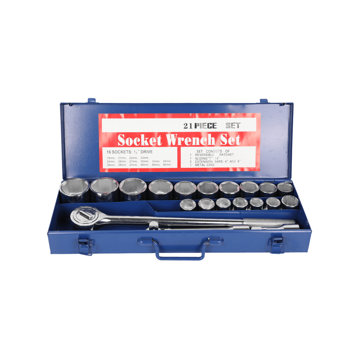 21 Pcs Professional Tools Heavy Duty Hand Auto Mechanics Spanner Wrench 3/4' Socket Set For Car Repair