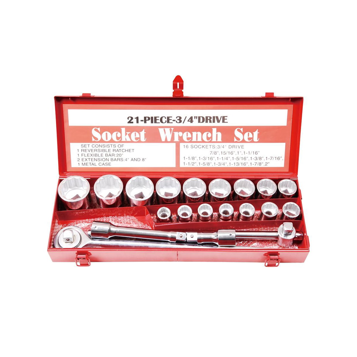 21 Pcs Professional Tools Heavy Duty Hand Auto Mechanics Spanner Wrench 3/4' Socket Set For Car Repair